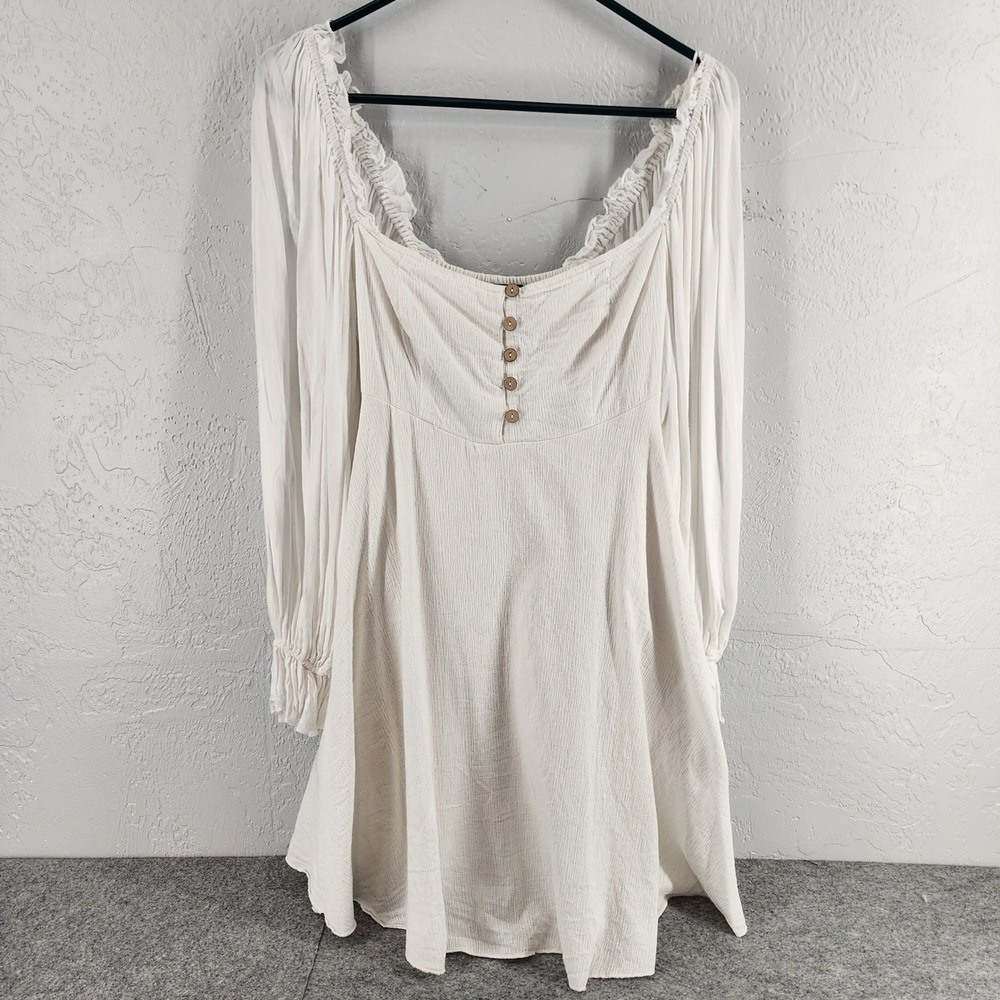 Lulus White Long Sleeve Smocked Back Button Mini Dress Cottagecore Womens M